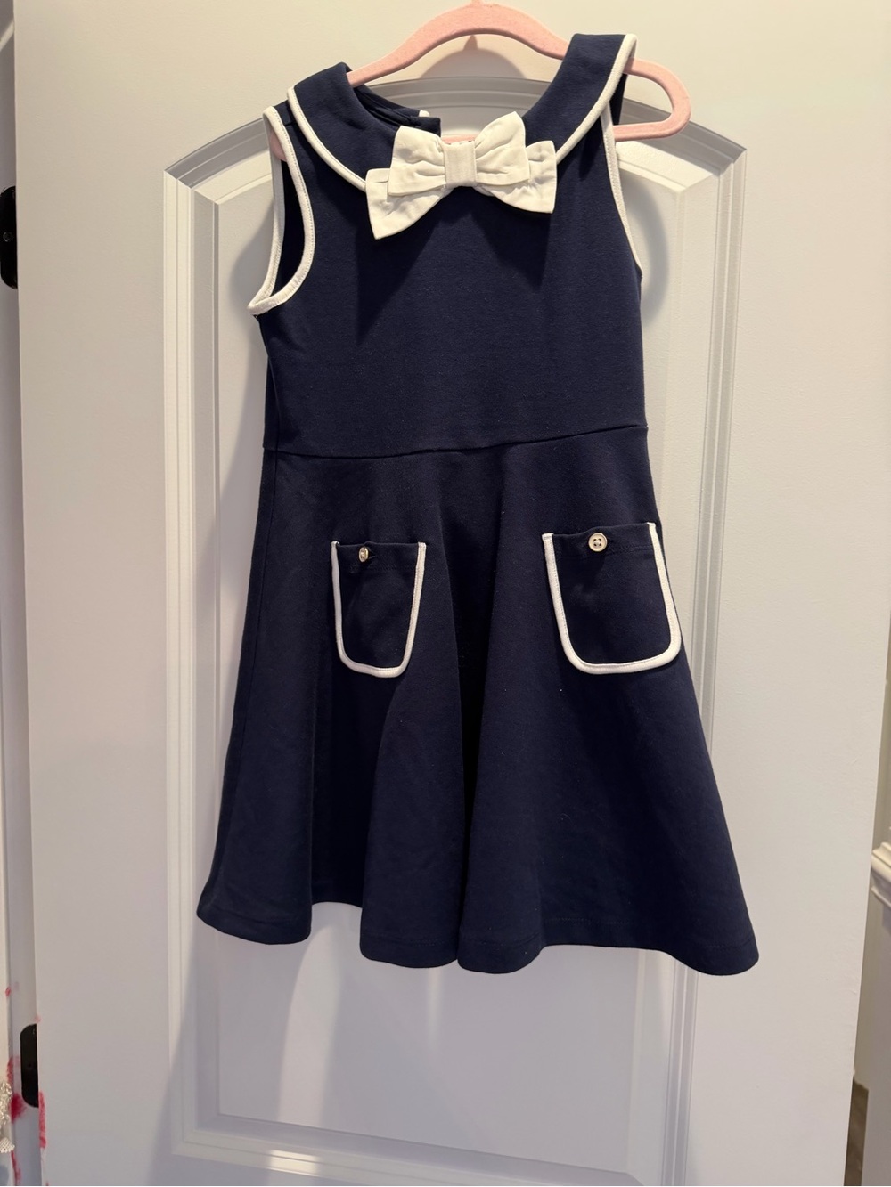 Janie and Jack Navy Dress with White Bow and Trim